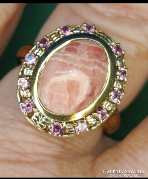 Sterling ezüstgyűrű  rodokrozittal, körbe rózsaszín turmalinnal 56 méretű