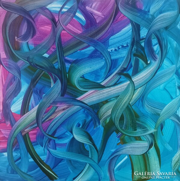 Baján Ildikó festmény 50 x 50 cm. Kék madár.