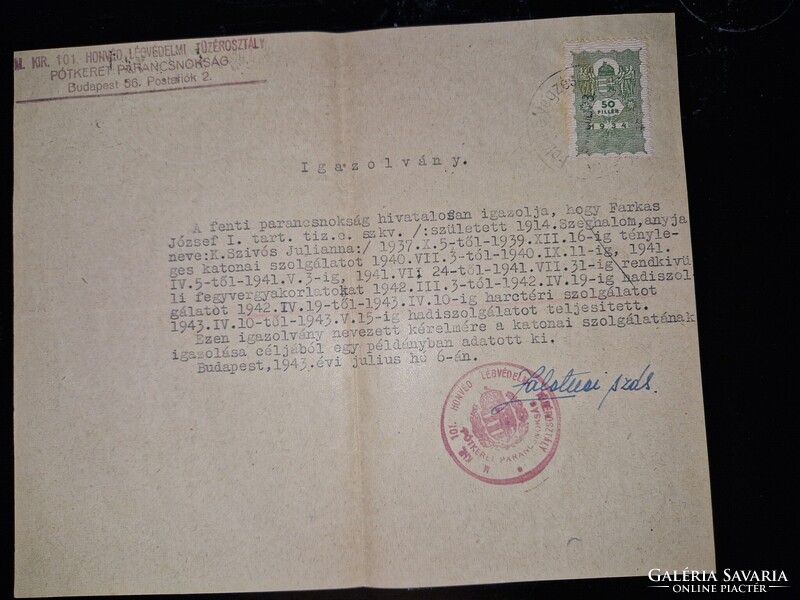 1943, katonai dokumentum, 101. honvéd légvédelmi tüzérosztály