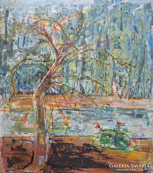 Patay Éva (1900-1984): Vízparti táj (olajfestmény) győri festő, kiállított mű