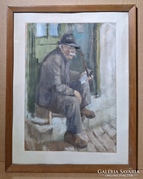 Elgondolkodva - Pipázó bácsi, az ajtóban üldögélve (tempera festmény)