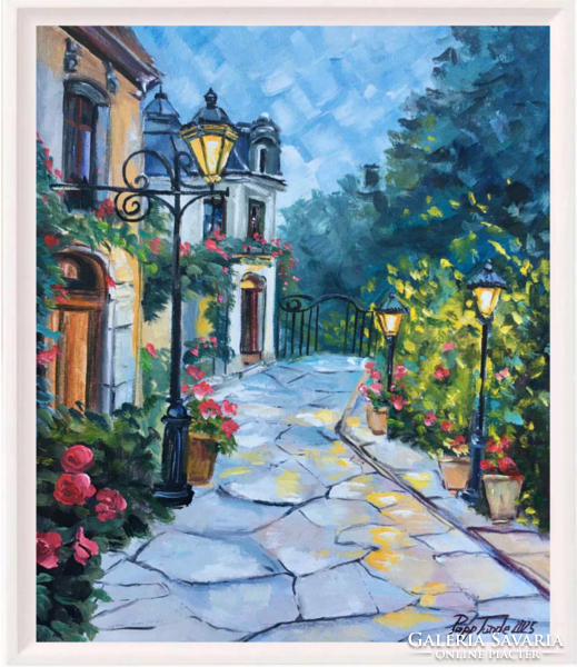 Alkony a rózsakertben c. Kortárs olajfestmény