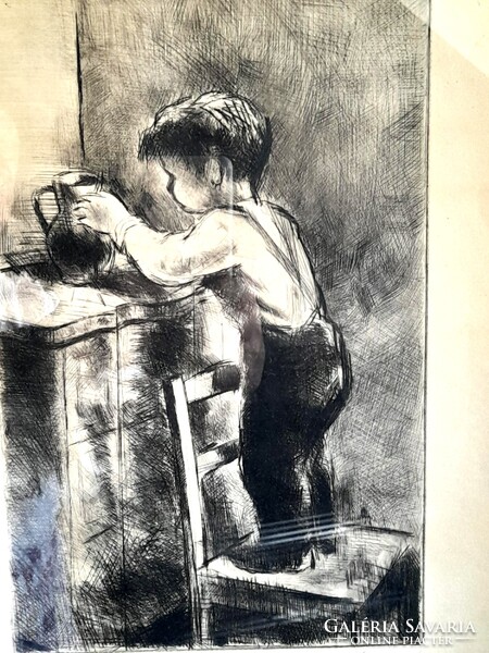 IVÁN SZILÁRD rézkarc keretezve "A kíváncsi"