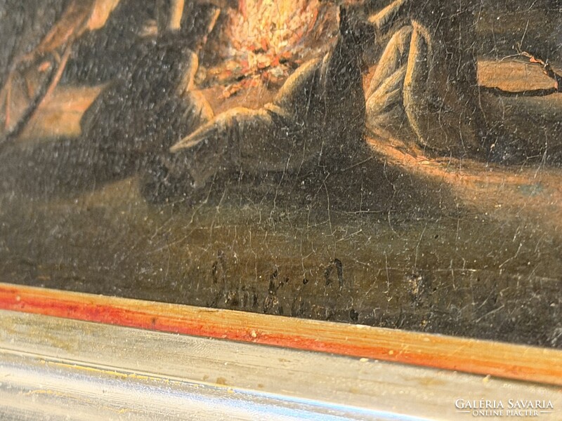 Jankó János: Tábortűz a holdfényben (Eredeti olajfestmény) Zsánerkép