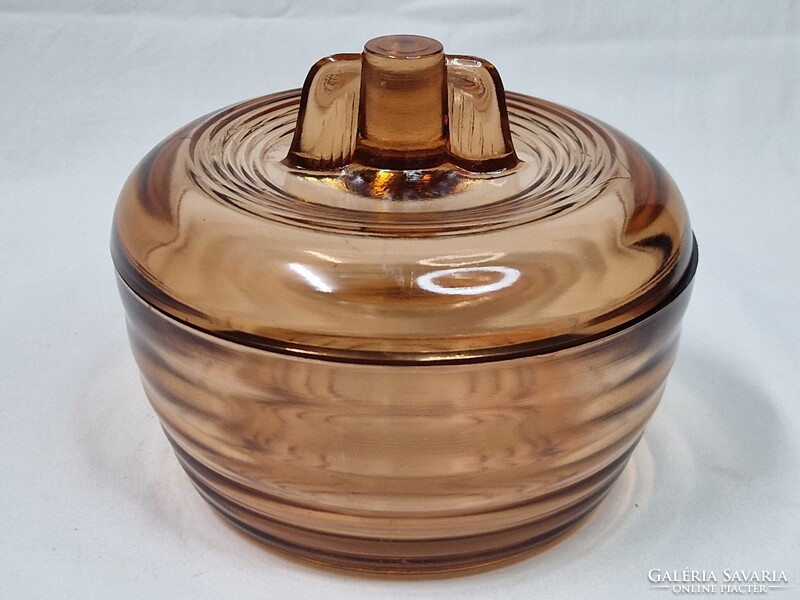 Régi jelzett lazac rózsaszín színű díszüveg fedeles bonbonier szép állapotban 10,5 cm. magas