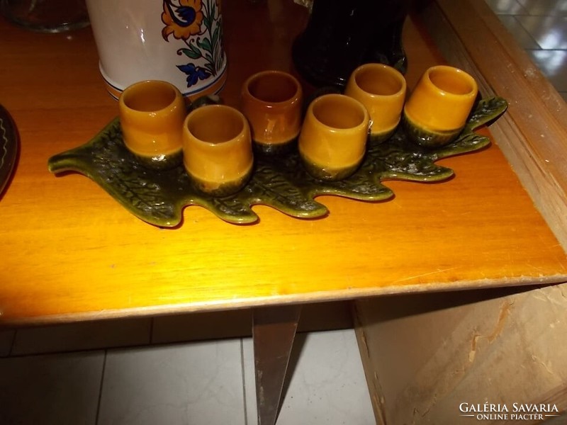 Ceramic liqueur set with leaf-shaped tray