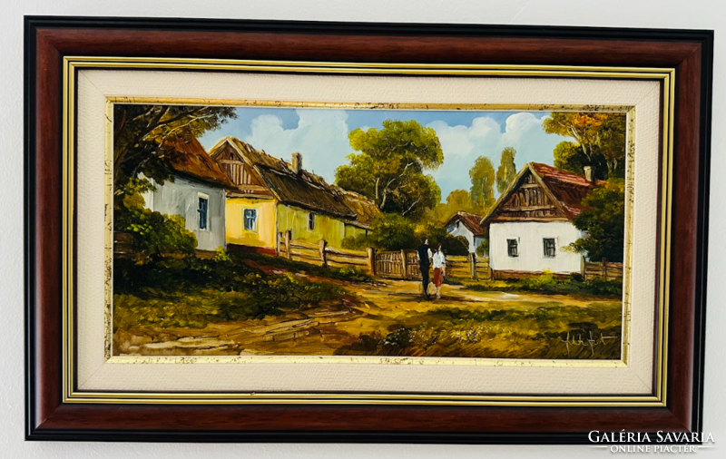 Fekete Zsolt: Délutáni séta - Zsűrizett, keretezett olajfestmény (20x40 cm)