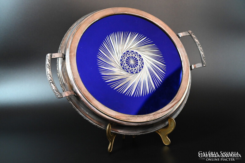 Beautiful silver-plated tray with cobalt blue frosted glass insert