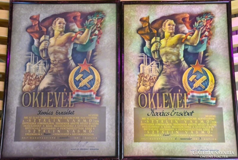 Oklevél Sztálin Vasmű építés 1951 Bronz fokozat és 1952 Ezüst fokozat