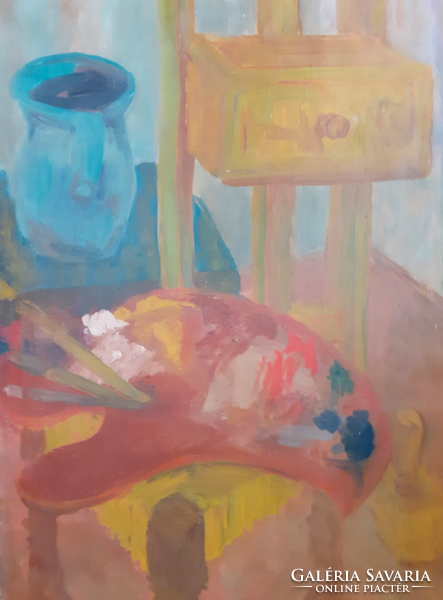 AKCIÓ! A műterem - olaj-vászon 70x50 cm! csendélet festőpalettával és korsóval, azonosítatlan jelzés