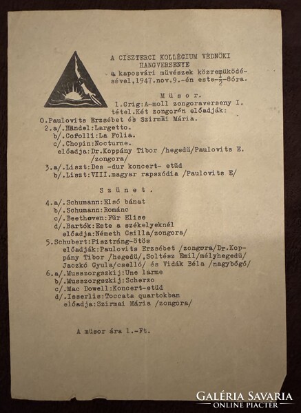 Kaposvár Ciszterci Kollégium – Hangverseny műsorlap, 1947. XI. 9.