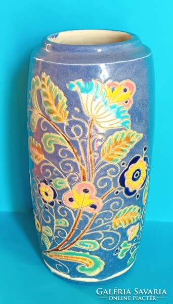 Kőedény kerámia váza , kézzel festett , zománcmázas