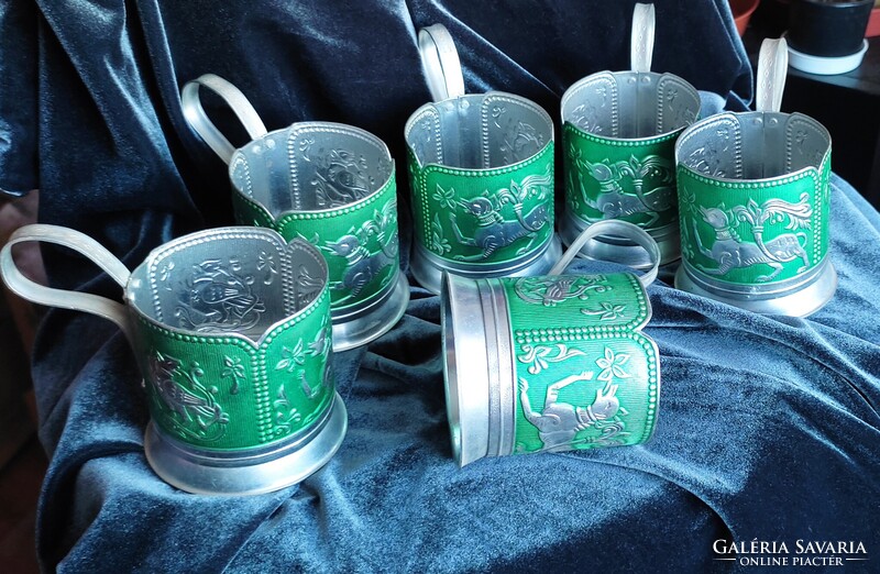 Antik szovjet pohártartó tartó podstakannik (6 darab) dombornyomott mintás készlet