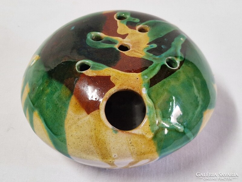 Jelzett iparművészeti mázas kerámia gömb formájú ikebana váza hibátlan állapotban 15 cm. átmérőjű