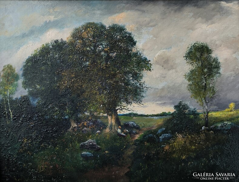 Adolf Kaufmann(1848-1916): Barbizoni táj. Jelzett olajfestmény.