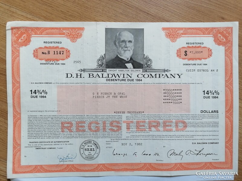 Ritkább 7.000 $-os D.H. Baldwin Company Kötvény