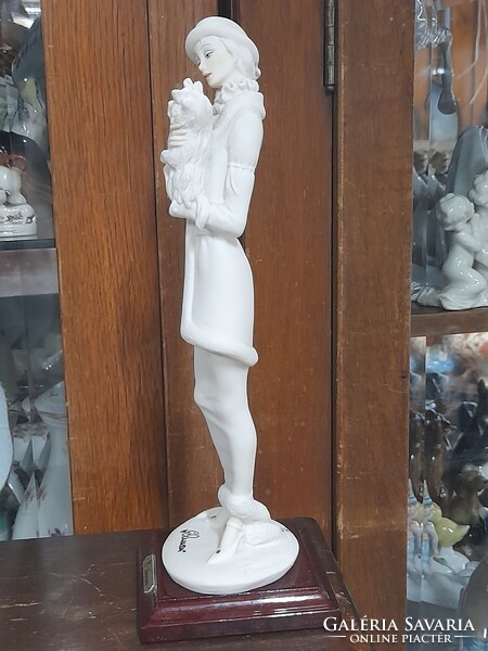 Art Deco Capodimonte Giuseppe Armani 1987 Florence Úri Hölgy Kutyával Szobor,Fa Talapzaton.26 cm.