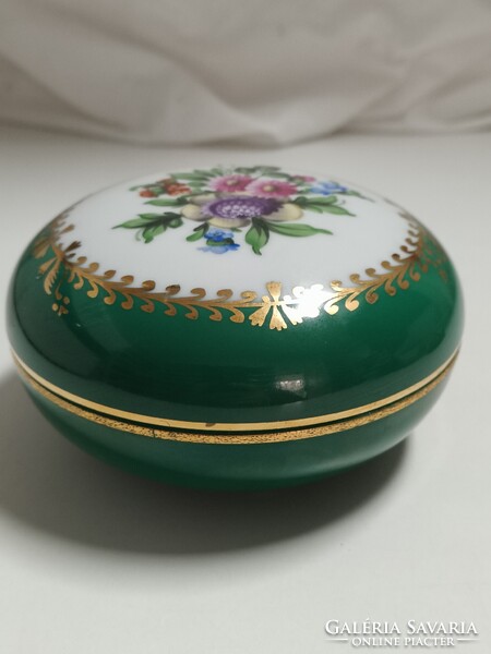 Ritkább Herendi porcelán zöld fond festésű bonbonier, ékszertartó - 7 x 12 cm