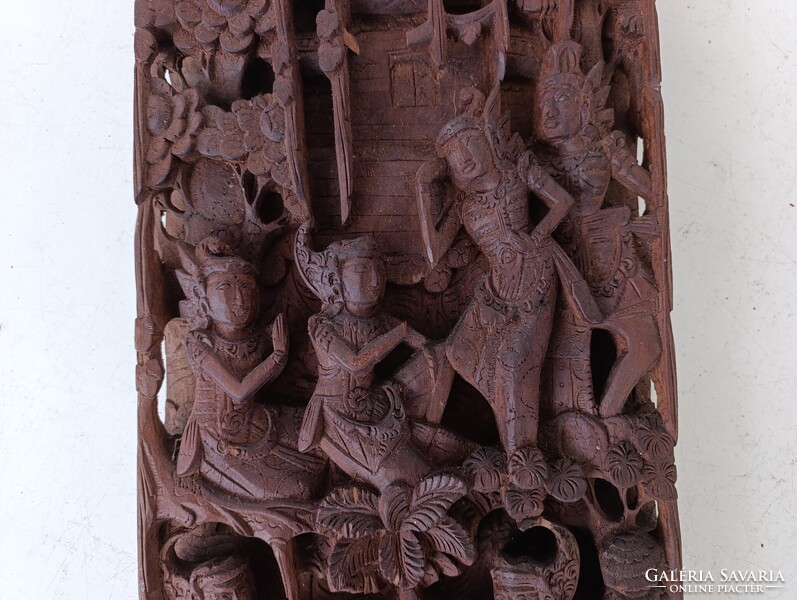 Antik buddhista dombormű sokalakos tánc lovas faragott fa szobor kép Buddha Thaiföld sérült 400 6632