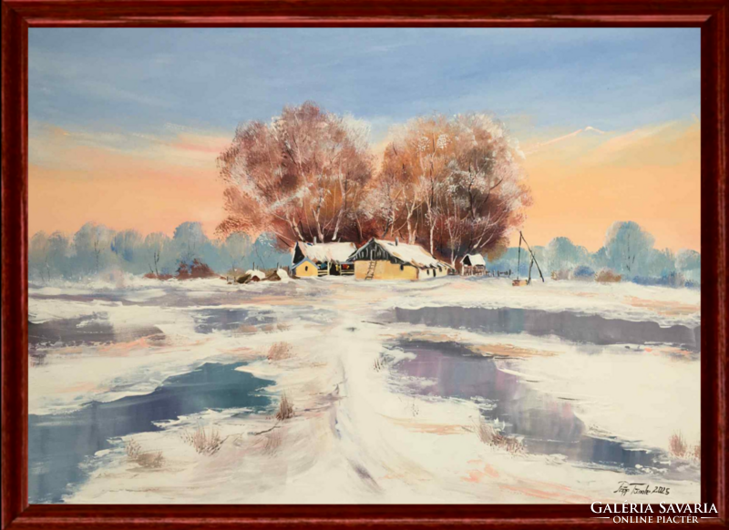 Első hó az Alföldön c. Nagyméretű olajfestmény -képkerettel- [Papp Tünde] INGYENES SZÁLLÍTÁS