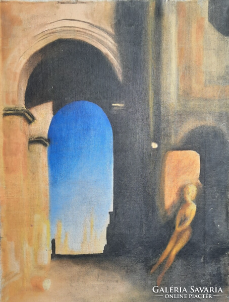 Tűnődés a boltív előtt (olaj, vászon, 41x31 cm) modern, kortárs festmény