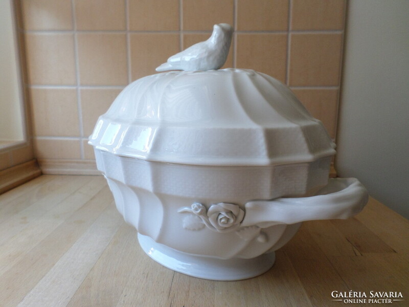 Herendi fehér porcelán leveses tál madaras fogóval