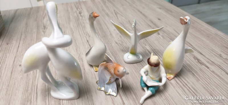 Hollóházi porcelán nippek aukció! Kócsagpár, liba, lúd, kacsa, hal, olvasó fiú