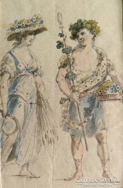 Bacchus és Ariadné. XVIII-ik század, antik akvarell festmény. Francia iskola.