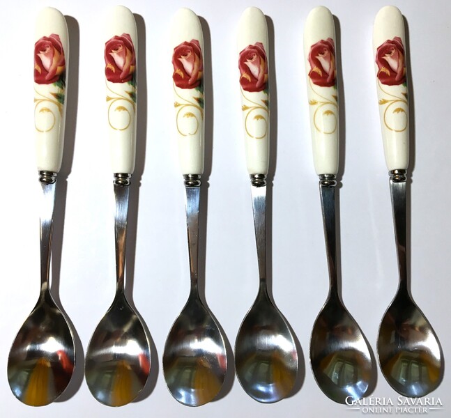 Szép porcelán nyelű rózsa virág inda mintás 6 db-os desszertes teás kanál kiskanál készlet