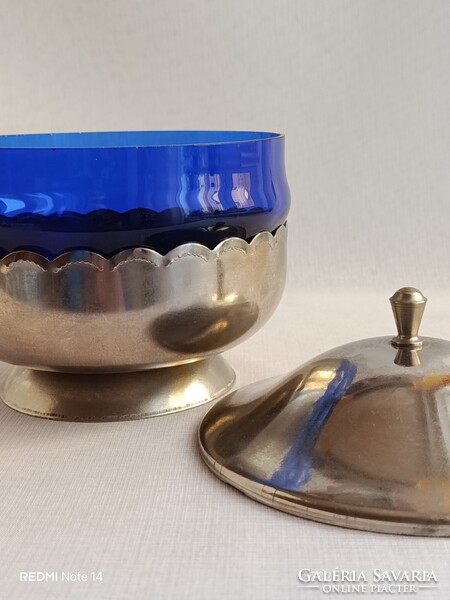 Art deco stílusú retro korú szovjet fém és kék üveg BONBONIER / cukorkatartó