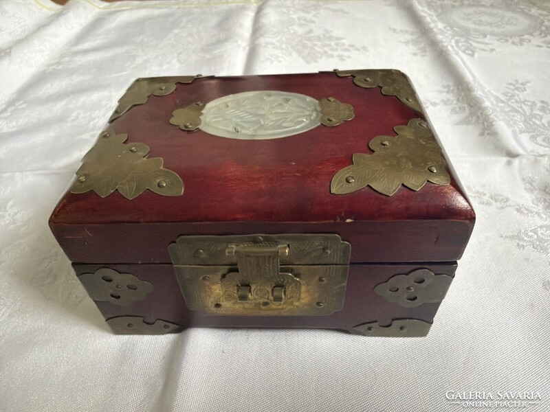 A dreamy old Chinese wooden box with jade stone inlay and copper fittings.