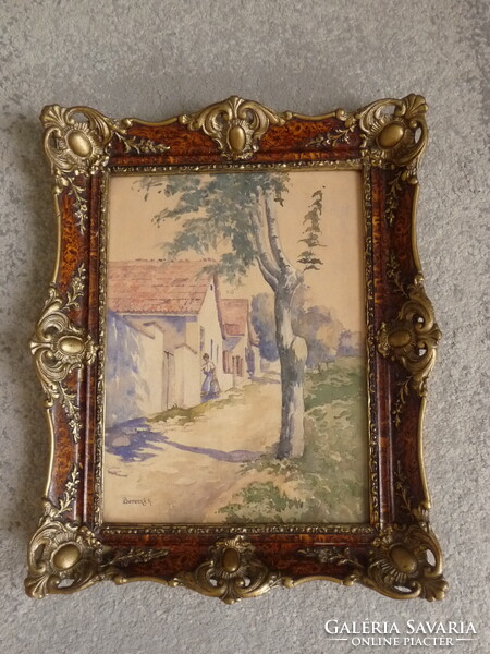Régi festmény akvarell szép keretben Bereczk Károly (1877-1919) akvarell falusi utca részlet kb 1900