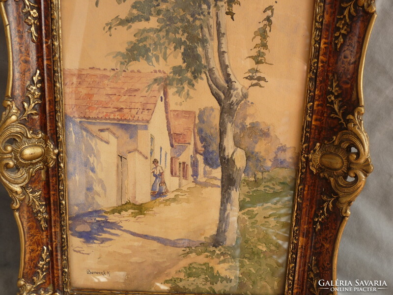 Régi festmény akvarell szép keretben Bereczk Károly (1877-1919) akvarell falusi utca részlet kb 1900