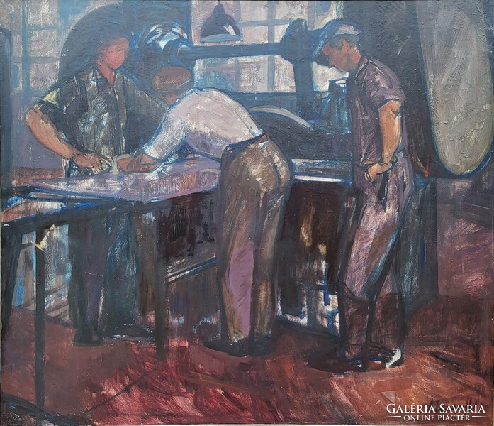 127x106cm! Mazsaroff Miklós (1929 - 1997) LemezvágóK Szocreál !! Eredeti Garanciával!