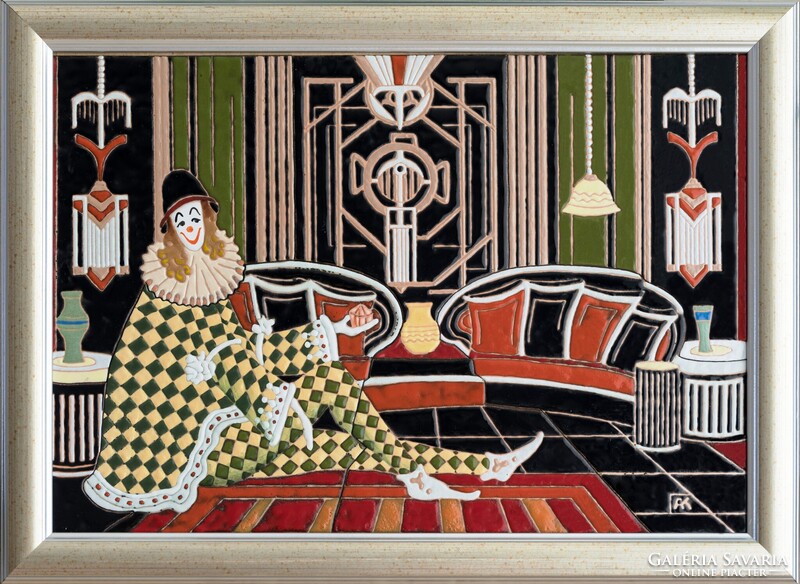 Alex Kabanov – „Art Deco harlekin”  20 × 30 cm, tűzzománc - kedves, vidám kép, akár ajándéknak is!