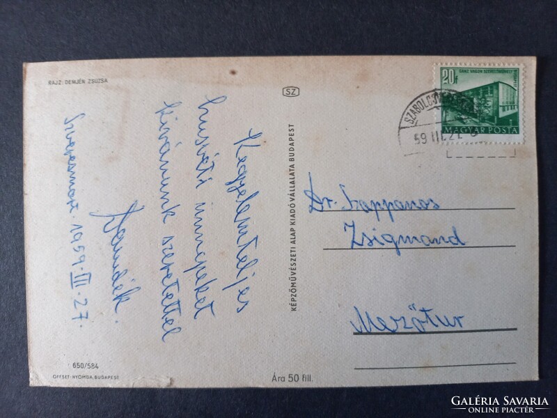 Régi grafikus rajzos képeslap Demjén Zsuzsa Húsvéti üdvözlet 1959