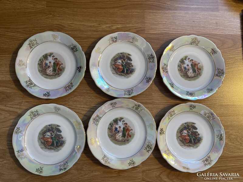 Dreamy German luster glazed scene porcelain cake plates 6 pcs.