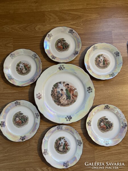 Álomszép Német lüszter mázas jelenetes porcelán süteményes készlet