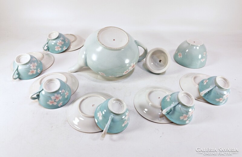 BAKOS ÉVA JELZÉSSEL, KÉZZEL FESTETT PORCELÁN TEÁS KÉSZLET HERENDI CSÉSZÉKKEL, HIBÁTLAN (A054)