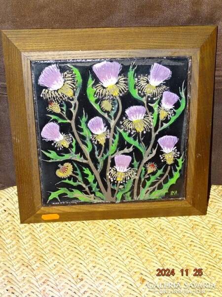 PRÁCSERNÉ HORVÁTH ÉVA : TŰZZOMÁNC FALIKÉP " LILA BOGÁNCS" 20x20 CM !!!