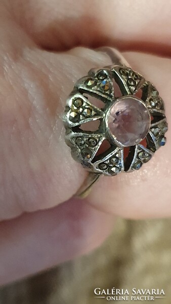 Markazitos. eredeti AMETISZT BRILL-csiszolt BUTTON foglalt kővel ezüst ag, gyűrű 1980-1990-es évek !