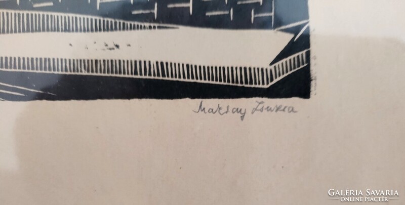 Ritka szignózott Makray Zsuzsa linómetszet Tokaj 1973 - 37x30 cm kerettel