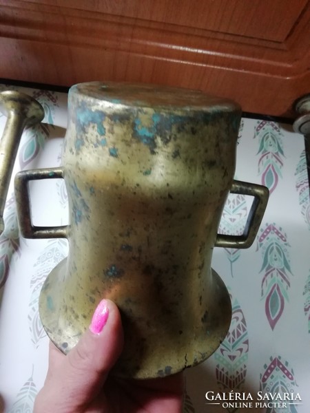 Antique convex large mortar with pestle, mortar 12 cm x 12 cm pestle 20 cm in the condition shown in the pictures