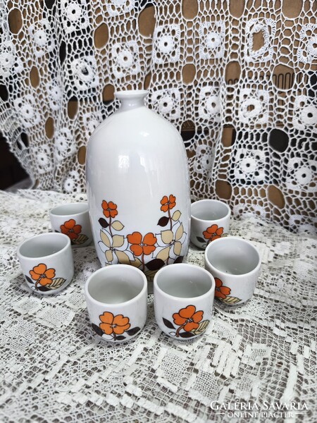 Antik Hollóházi porcelán likőrös készlet – Faragó Milada tervezte retro Flóra szett