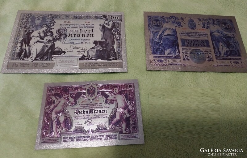 3 db 1902 Magyar Ezüst Koronák bankjegy replika – Dísztárgy / Certifikáttal (24K aranyfóliás)