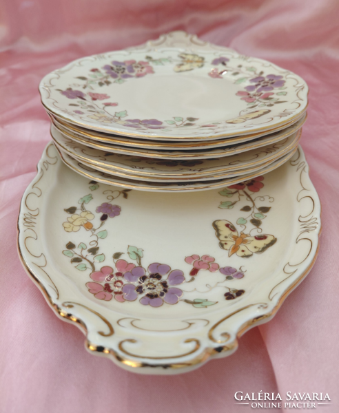 HIBÁTLAN! Zsolnay porcelán pillangó mintás 6 + 1 süteményes vagy szendvicses készlet