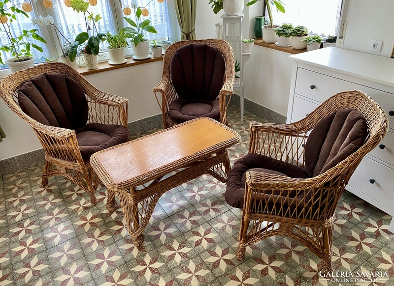 Vintage Vessző Nád Fonott Rattan Ülőgarnitúra Kerti Bútor Szett Fotel Karosszék Dohányzóasztal