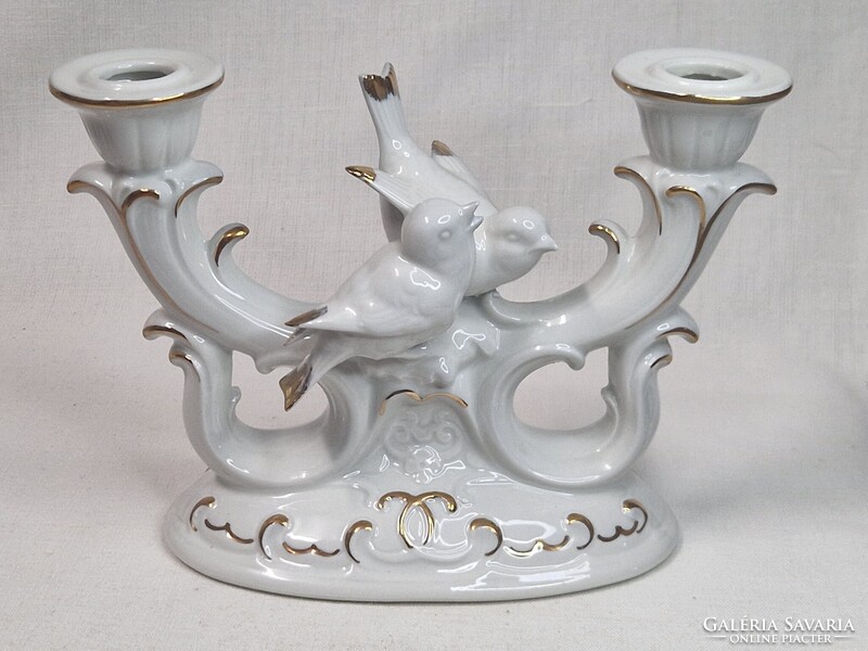 Lippelsdorf porcelán két ágú gyertyatartó énekes madarakkal gyönyörű aranyozással hibátlan állapot