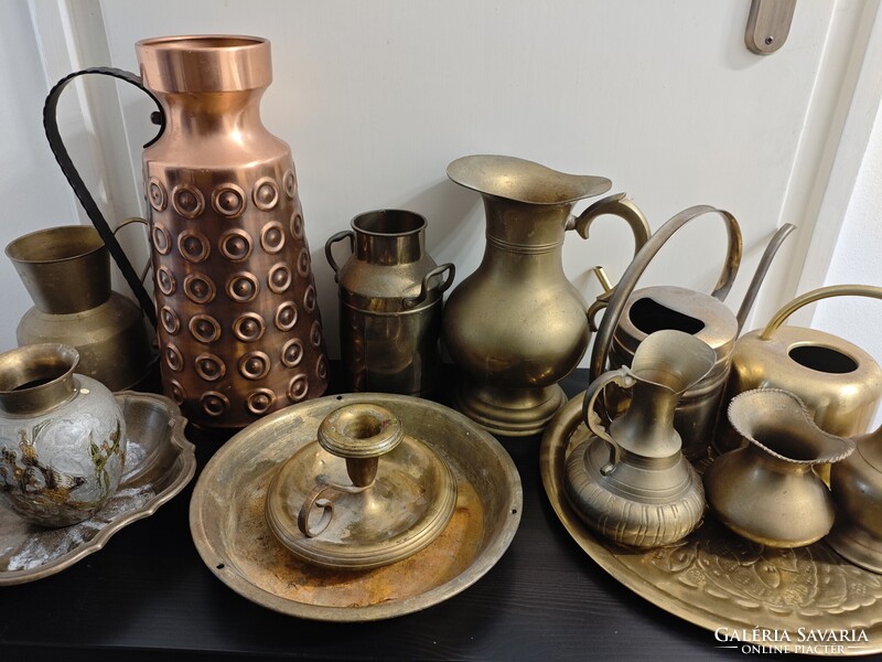 Brass and yellowed vintage decorative collection, pitchers, trays, watering cans, vases, candle holders