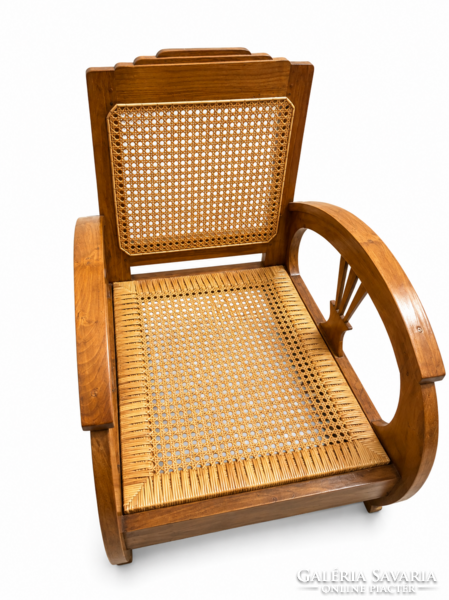 Antik Art Deco gyarmati fotelpár – tömör tikfa, kézzel font francia rattan